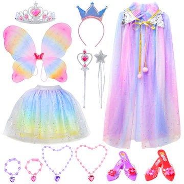 CUTE STONE Masquerade Costumes, Princess Dress Up for Girl, Toddler Dress Up Clothes with Cape, Wing，Skirts, Shoes, Crowns and Jewelry Toys, Costumes Gifts Toys for Girls Years 3+
