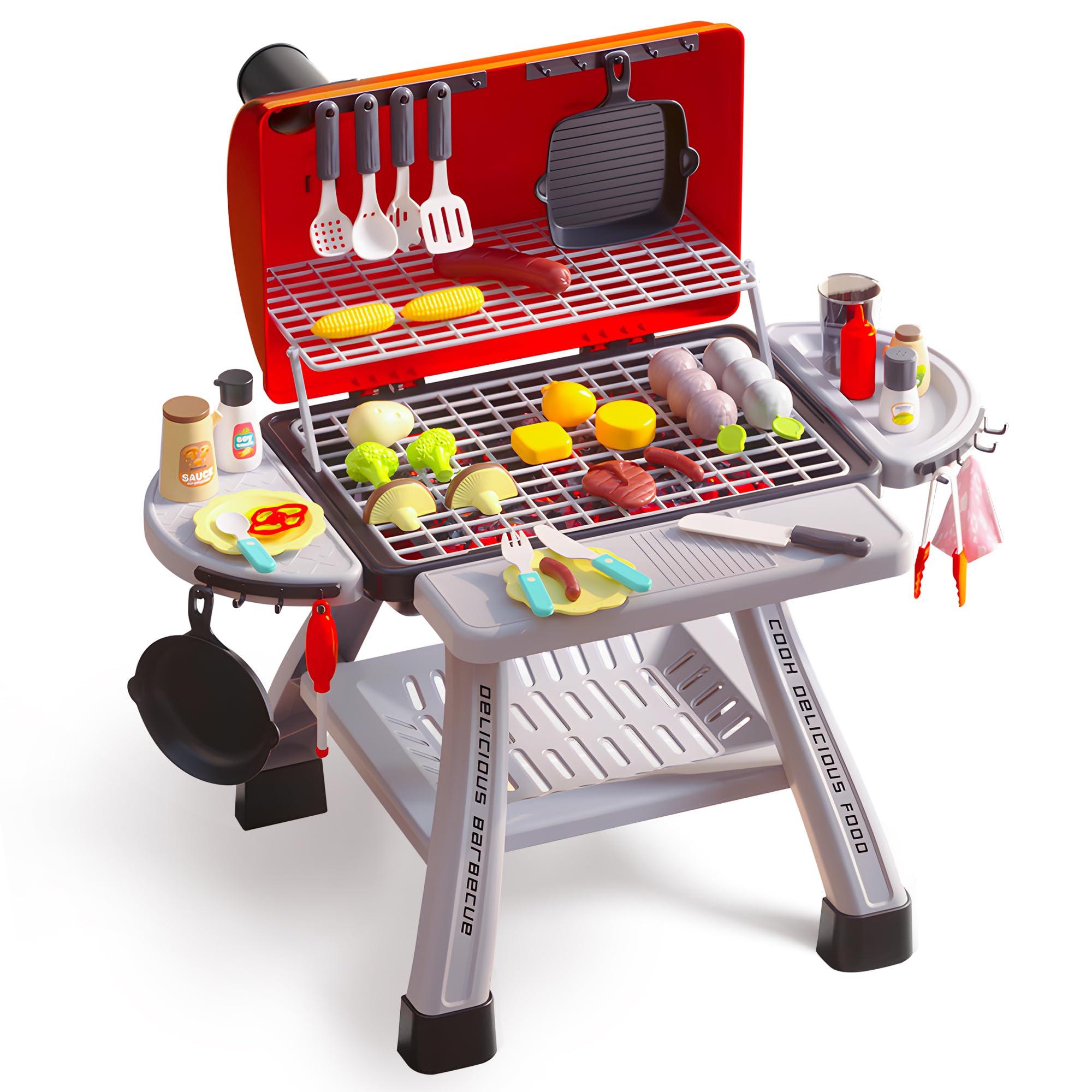 CUTE STONE Kids BBQ Grill Playset, Kitchen Toy Set, Realistic Smoke Toy BBQ Grill Playset with Toy Grill, Toy Kitchen Accessories, Indoor/Outdoor Interactive Pretend Play Toys for Boys Girls, 23.6" H