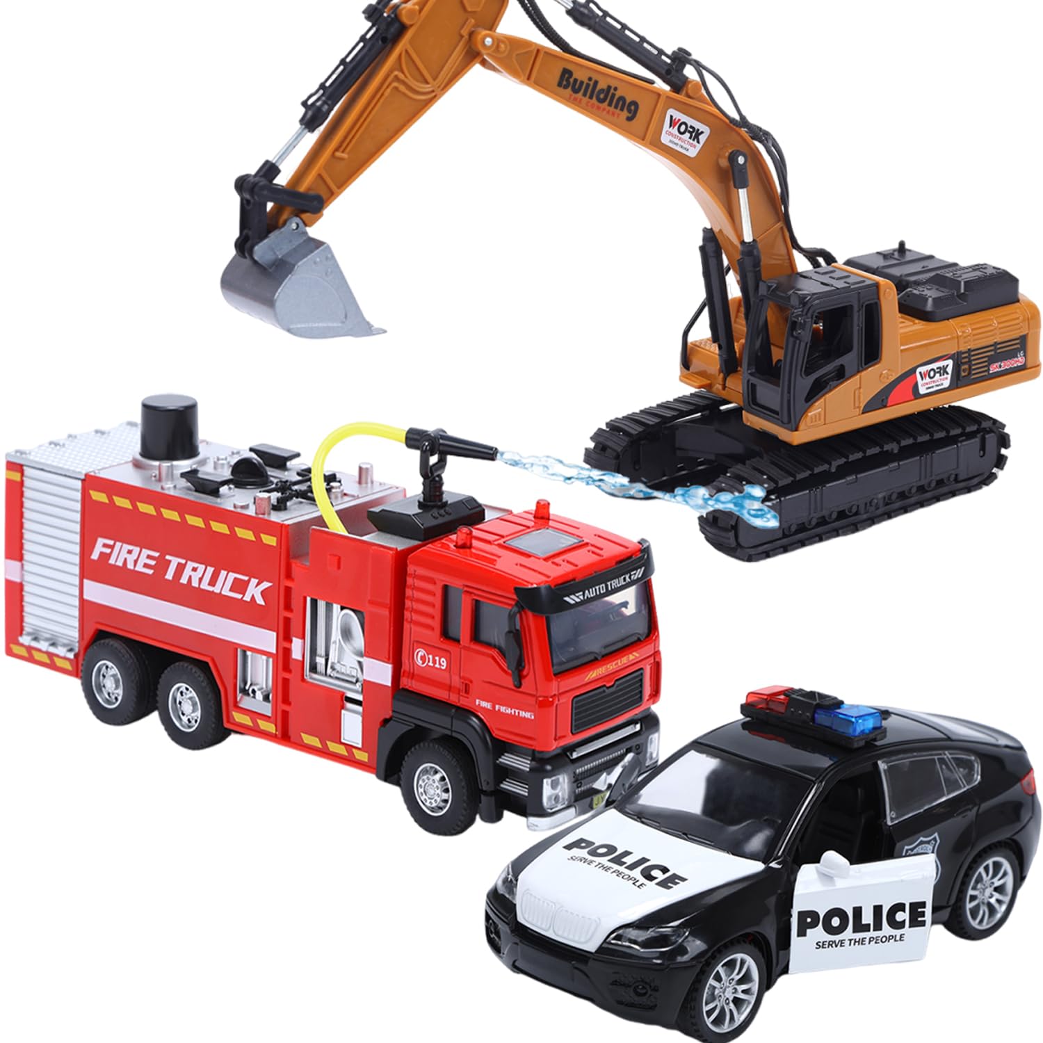 CUTE STONE Toy Cars, 3 Pack Toddler Pull Back Car Toys, Fire Truck, Construction Truck, and Police Car with Sounds and Lights for Kids Boys and Girls
