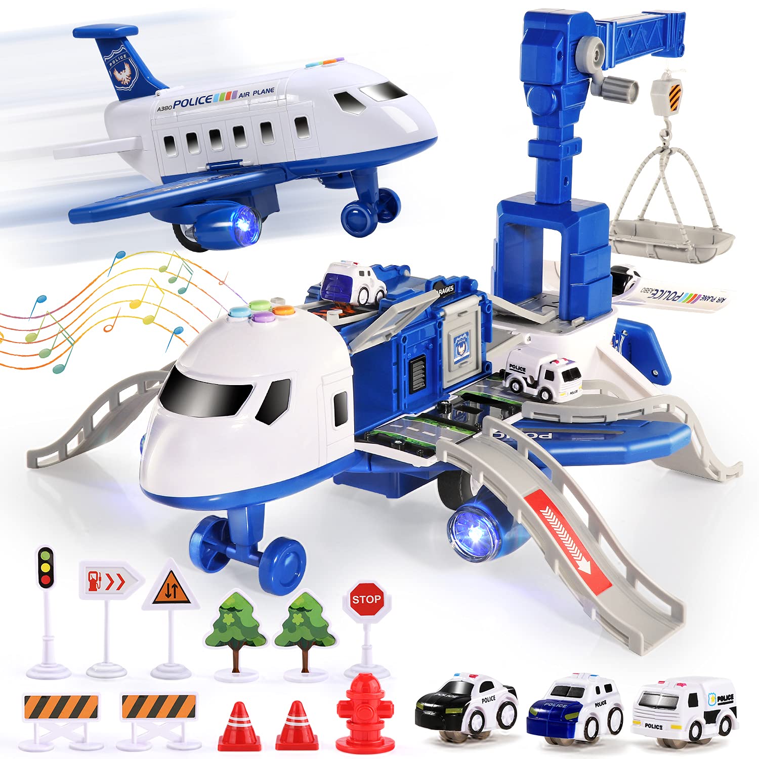 CUTE STONE Toy Aircraft, Transport Cargo Airplane with Music & Light, Airplane Car Play Set & Vehicle Toy, Construction Toy Accessories for 3+ Boys & Girls