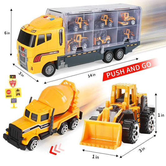 CUTE STONE Toy Vehicles, 25 in 1 Construction Vehicles Trucks Toy Push and Go Car Carrier Truck playset, Play Vehicles Toy with Sounds and Lights