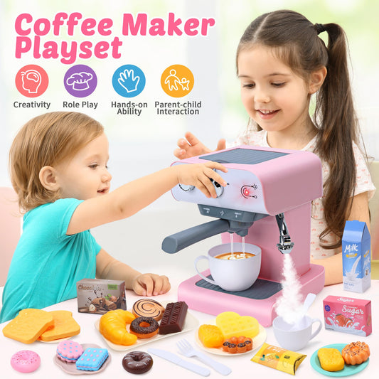 CUTE STONE Toy Coffee Set , Kids Coffee Maker Toy with Sound & Light, Realistic Steam, Play Kitchen Set with Play Food, Toddler Play Kitchen Accessories Gift for Girls and Boys