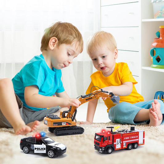 CUTE STONE Toy Cars, 3 Pack Toddler Pull Back Car Toys, Fire Truck, Construction Truck, and Police Car with Sounds and Lights for Kids Boys and Girls