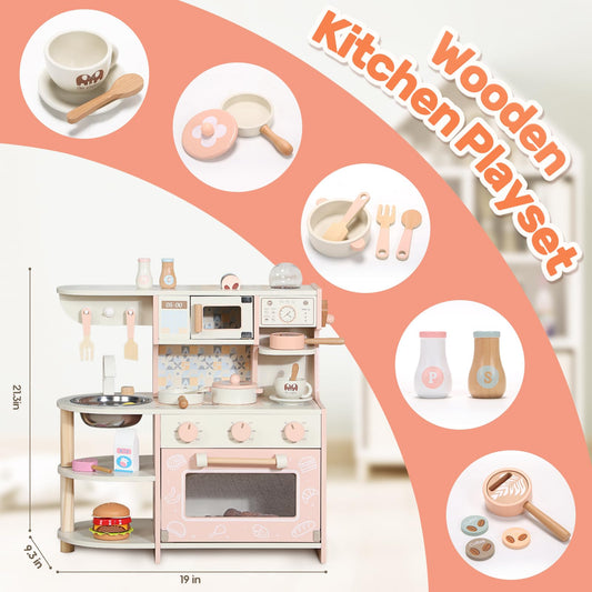CUTE STONE Wooden Play Kitchen for Kids, Pretend Kitchen Playset with Coffee Maker, Oven, Microwave, Cookware Accessories, Play Sink, Educational Mini Kitchen Gift Toys for Boys Girls