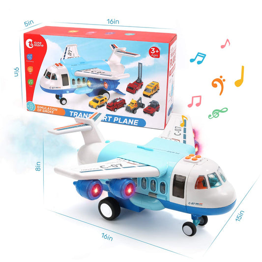 CUTE STONE Toy Airplanes, Toy Airplane with Smoke, Lights & Sounds, Friction Powered Plane Toy with Mini Cars for Kids