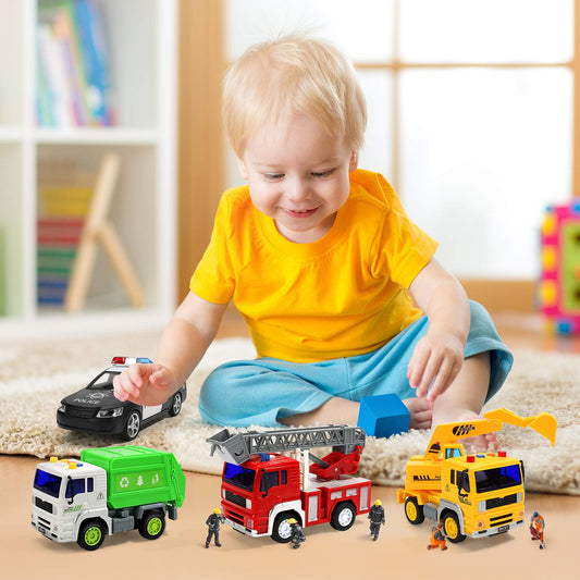 CUTE STONE Scale-model Vehicles, 4 Pack Fire Truck, Construction Truck, Police Car and Garbage Truck with Sound and Light, Toy for Toddler Boys and Girls