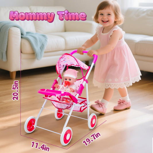 CUTE STONE Toy Furniture, 12" Baby Doll Playset for Girls – Pretend Play Baby Care Toy with Stroller, High Chair, Clothes & Accessories