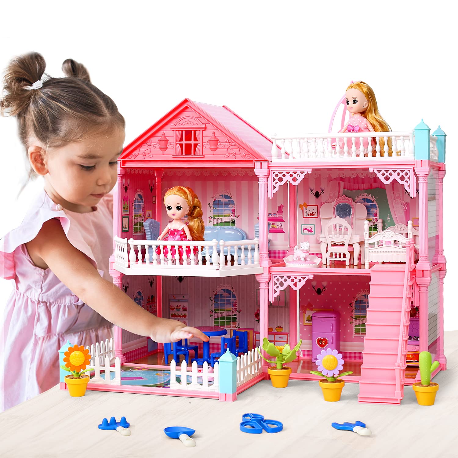 JoyStone 11 Rooms Huge Dollhouse with Play Mat, 2 Dolls and Colorful Light,  31 x 28 x 27 Dreamhouse w/Furniture Doll House Gift for Girls 