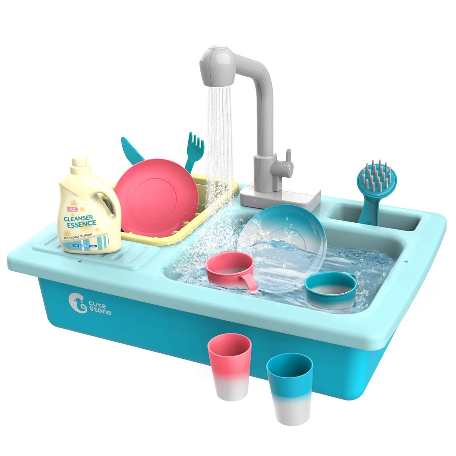 CUTE STONE Color Changing Kitchen Sink Toys, Children Heat Sensitive Electric Dishwasher Playing Toy with Running Water, Bule