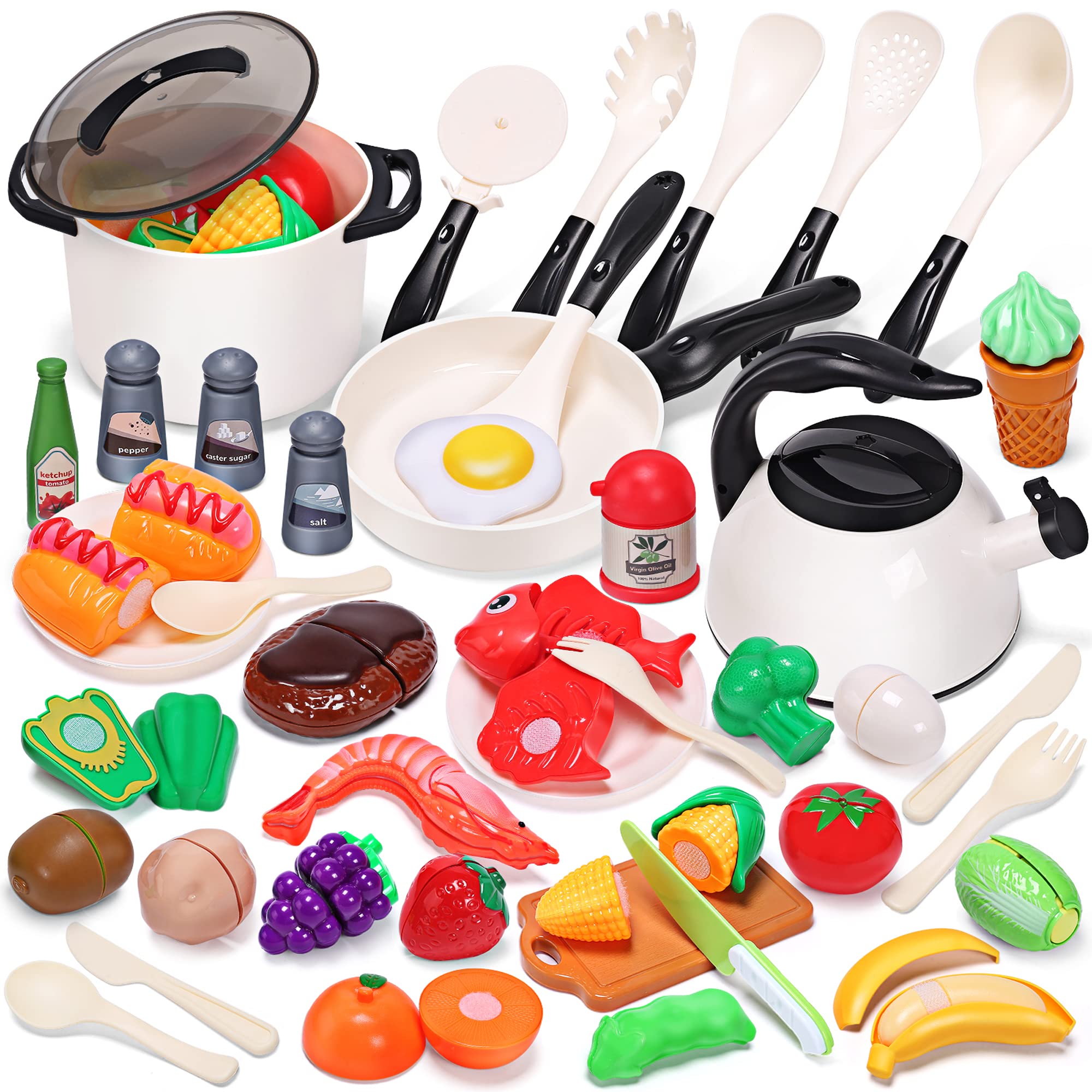 CUTE STONE Play Kitchen Accessories Toy, Play Food Sets for Kids Kitchen, Toddler Kitchen Set for Kids with Play Pots, Pans