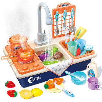 CUTE STONE Pretend Play Kitchen Sink Toys with Play Cooking Stove and Cutting Food Accessorie, Pot and Pan with Spray, Light, Sound