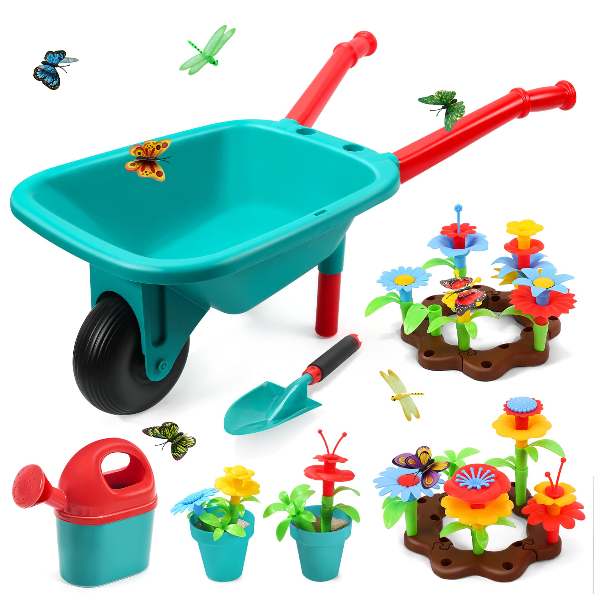 CUTE STONE Kids Gardening Tools Set, Garden Toys with Wheelbarrow, Watering Can, Shovel, Flower Garden Building Toy