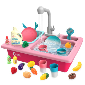 CUTE STONE Play Kitchen Sink Toys, Electric Dishwasher Playing Toy with Running Water, Color Changing Accessories, Pink