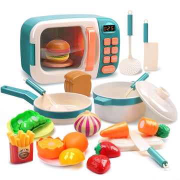 CUTE STONE Microwave Toys Kitchen Play Set, Kids Play Appliances Electronic Oven with Play Food, Cookware Pot and Pan Toy, Cooking Utensils