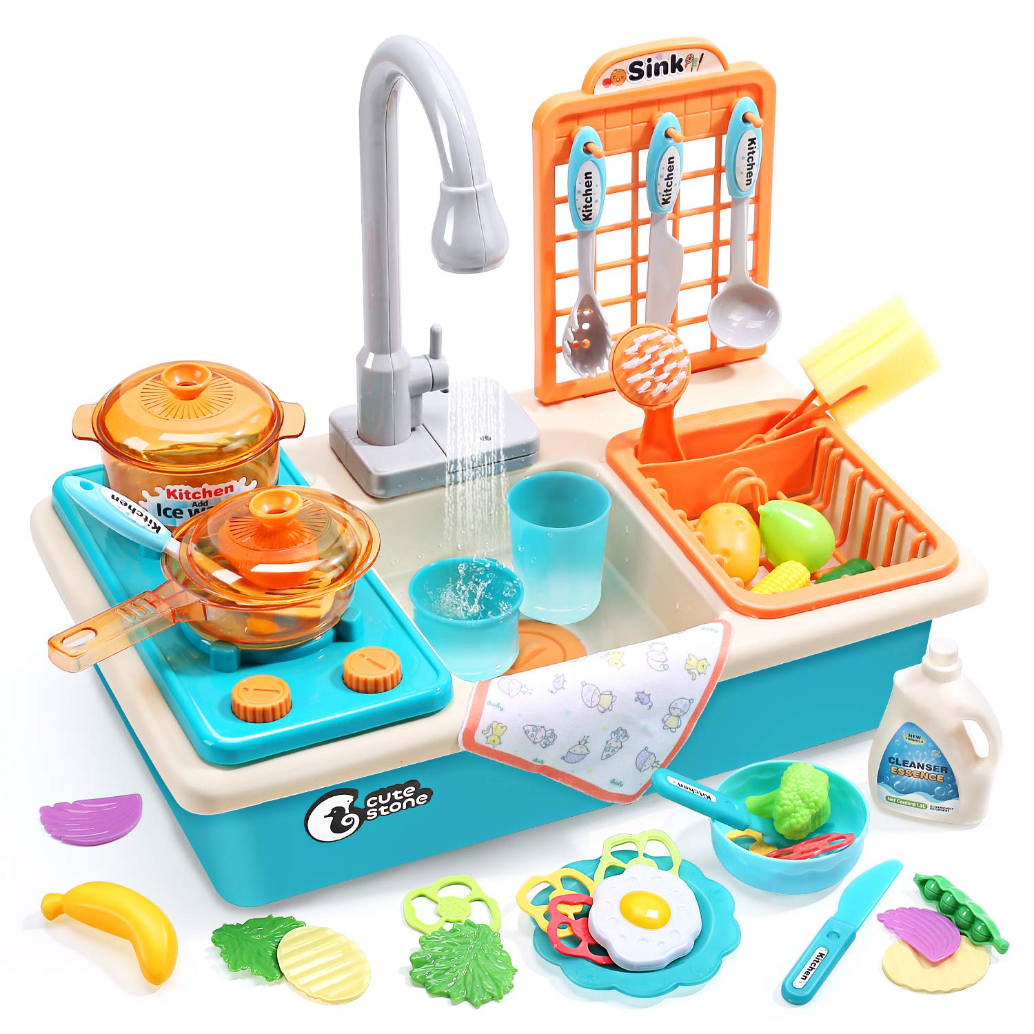 Cute Stone Kids Kitchen Play Cooking Set, Cookware Pots and Pans Playset