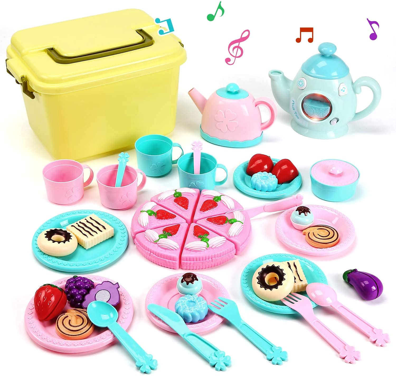 CUTE STONE Kids Toy Tea Party Set Kettle with Light Music, Teapot, Dessert, Cookies, Play Tea Accessories & Carrying Case