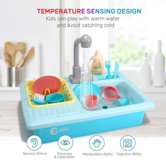 CUTE STONE Color Changing Kitchen Sink Toys, Children Heat Sensitive Electric Dishwasher Playing Toy with Running Water, Bule