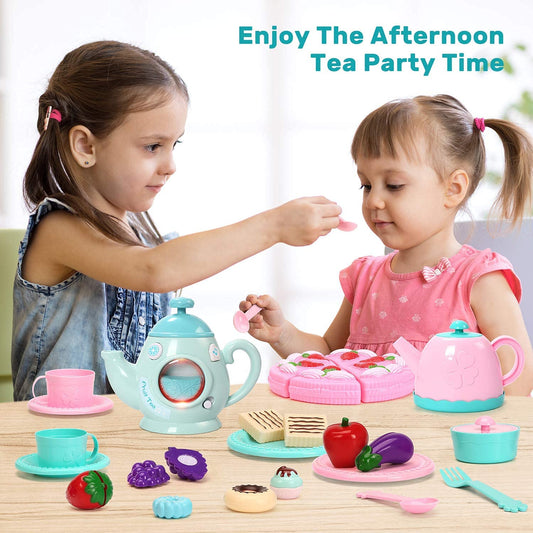 CUTE STONE Kids Toy Tea Party Set Kettle with Light Music, Teapot, Dessert, Cookies, Play Tea Accessories & Carrying Case