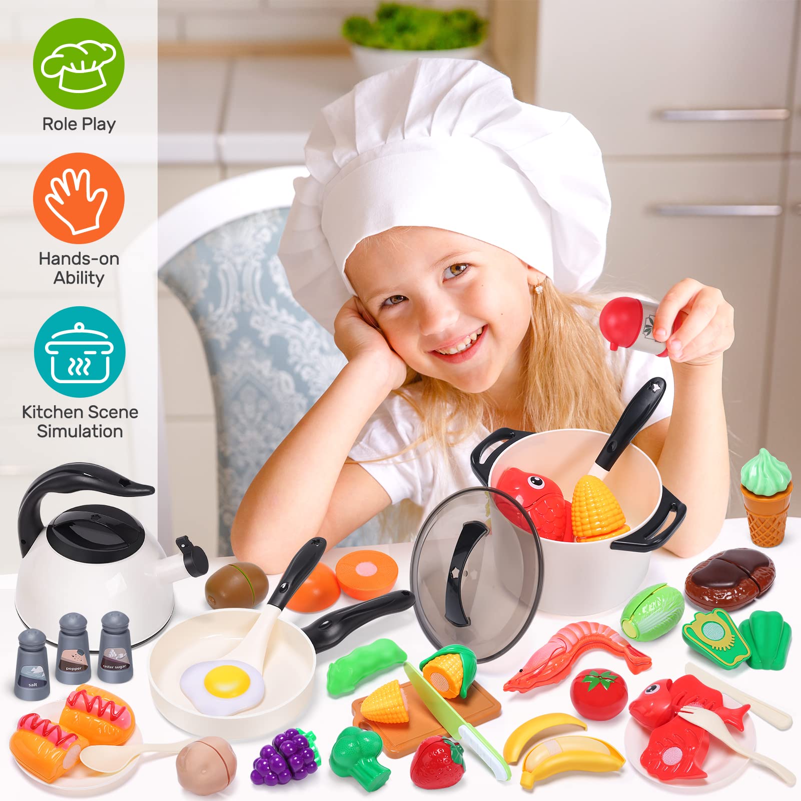 CUTE STONE Play Kitchen Accessories Toy, Play Food Sets for Kids Kitchen,  Toddler Kitchen Set for Kids with Play Pots, Pans