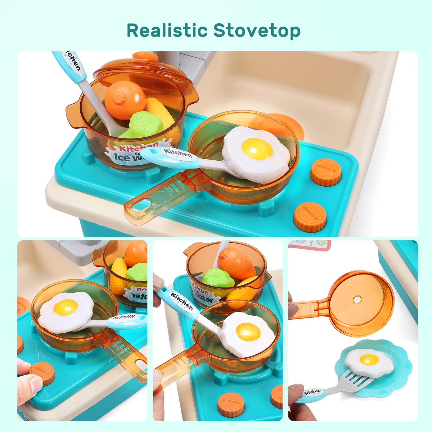 CUTE STONE Play Kitchen Accessories Toy, Play Food Sets for Kids Kitchen,  Toddler Kitchen Set for Kids with Play Pots, Pans, Kids Kitchen Playset