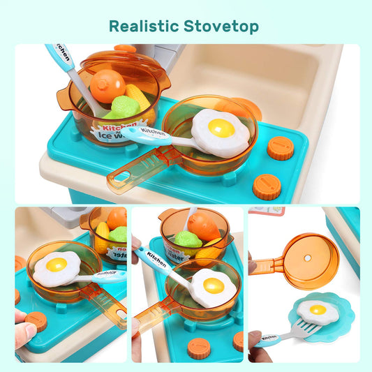 CUTE STONE Play Kitchen Sink Toys with Play Cooking Stove, Cookware Pot and Pan, Color Changing Dishes Accessories