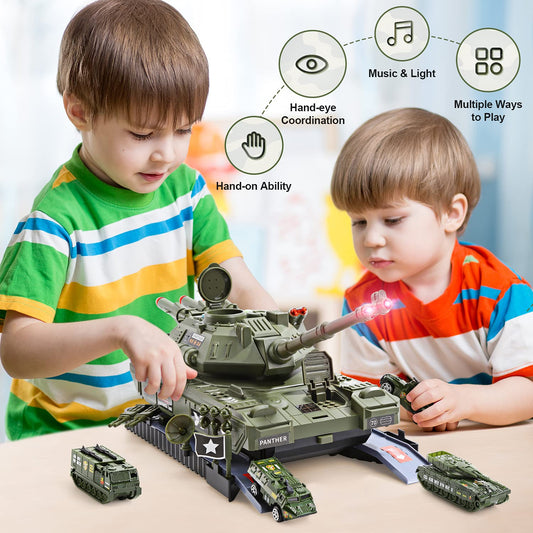 CUTE STONE Military Vehicles Set, Battle Tank Toy with Realistic Light and Sound, Rotating Turret and Missile, 4 Pack Mini Alloy Die-cast Army Cars