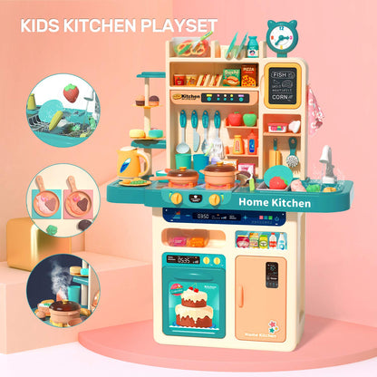 CUTE STONE 93PCS Kids Kitchen Playset with Lights, Sounds, Pretend Steam, Toy Sink Oven, Color Changing Food Toys, Kitchen Accessories Set