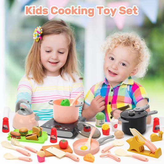 CUTE STONE Play Kitchen Accessories Set, Kids Cooking Toys Set with Play Pots and Pans, Electronic Cooktop with Sound & Light, Pink