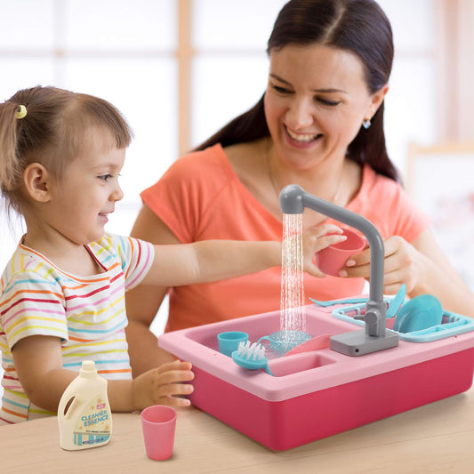 CUTE STONE Play Kitchen Sink Toys, Electric Dishwasher Playing Toy with Running Water, Color Changing Accessories, Pink