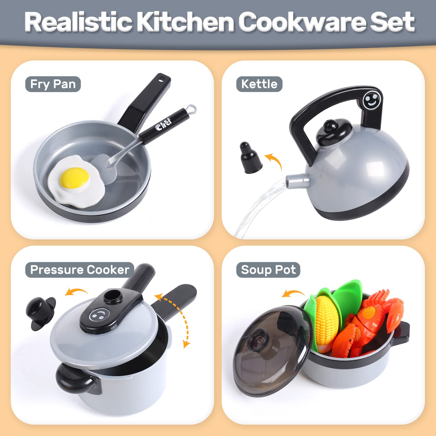 Cute Stone Kids Kitchen Play Cooking Set, Cookware Pots and Pans Playset