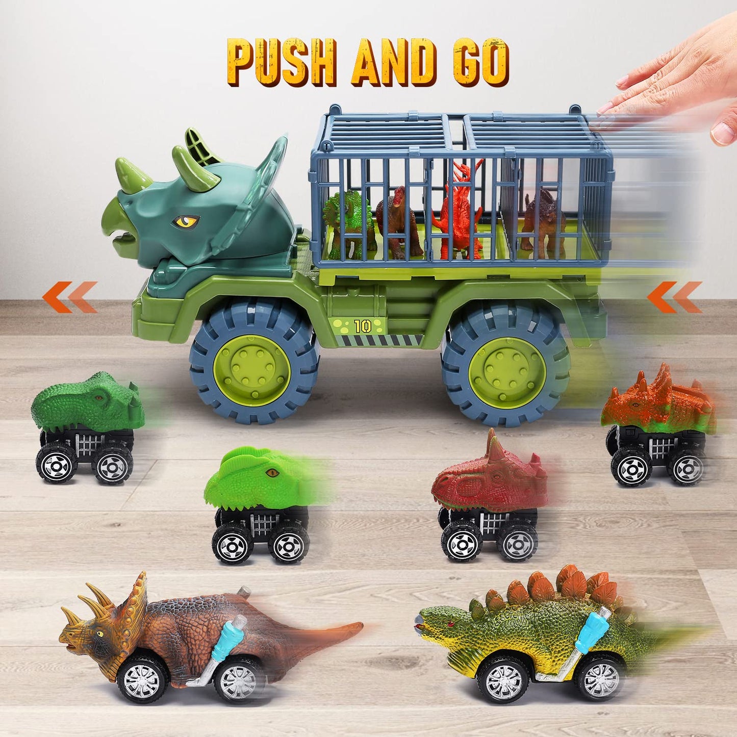 CUTE STONE Dinosaur Transport Truck with Dinosaur Toys and Play Mat, 2 Friction Powered Cars, 4 Pull Back Dinosaur Cars