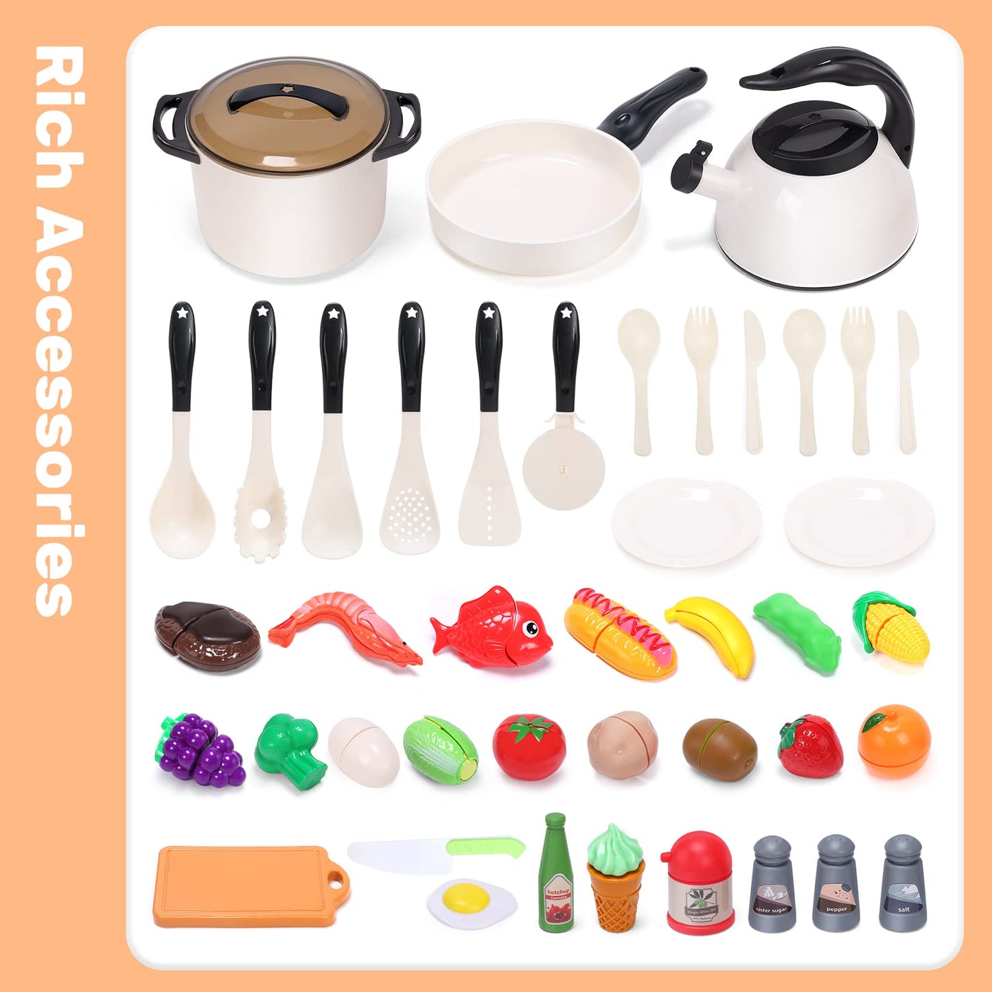 CUTE STONE Play Kitchen Accessories Toy, Play Food Sets for Kids Kitchen, Toddler Kitchen Set for Kids with Play Pots, Pans