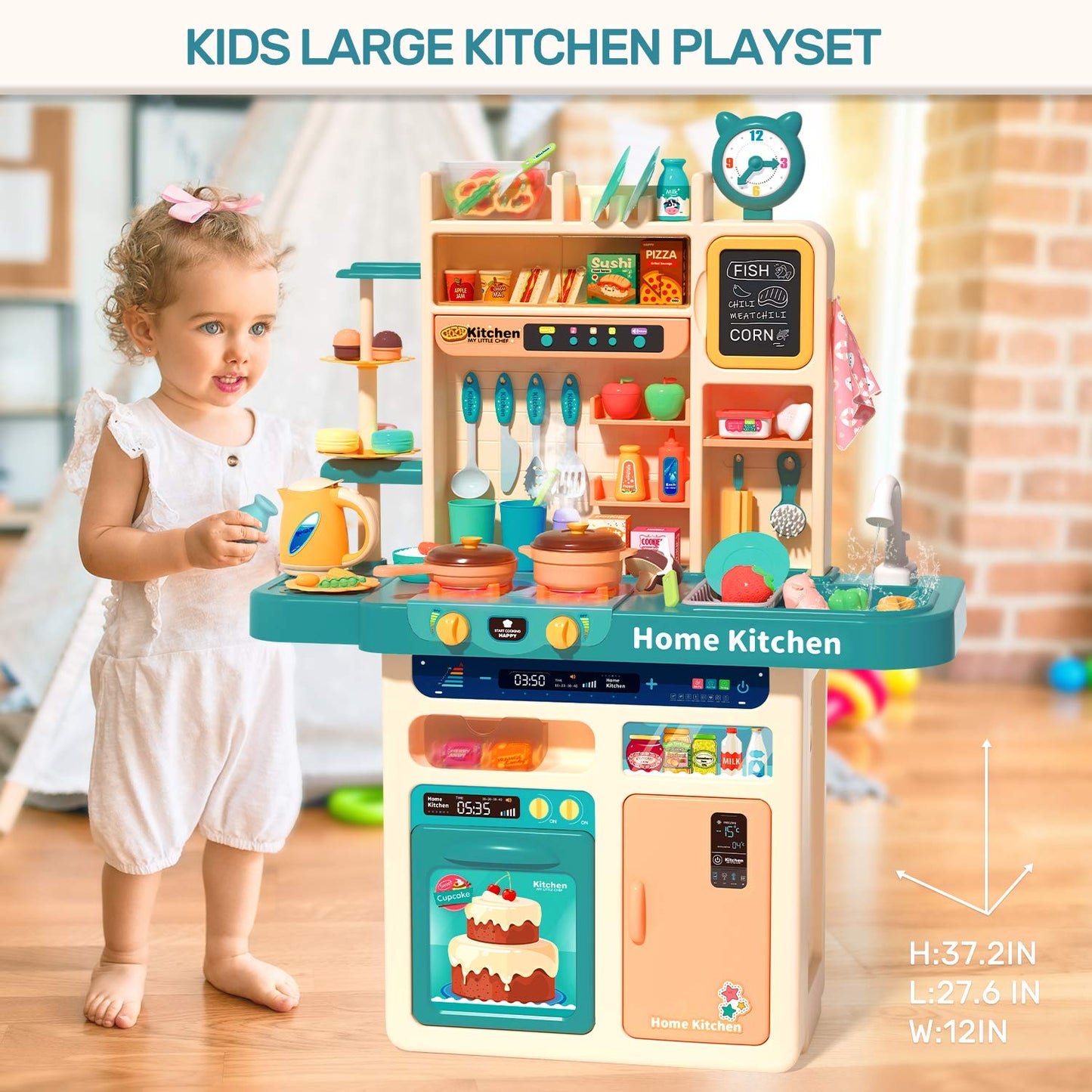 CUTE STONE 93PCS Kids Kitchen Playset with Lights, Sounds, Pretend Steam, Toy Sink Oven, Color Changing Food Toys, Kitchen Accessories Set